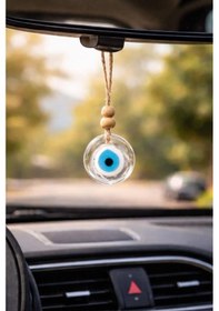 Resim 5 Cm Şeffaf Cam Nazar Boncuğu Ağaç, Araba Dikiz Aynası Ve Kapı Süsü İpli Doğal Ahşap Boncuklu Nazarlık 