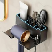 Resim 1 adet duvara monte saç kurutma makinesi standı, banyo düzenleyici standı, eller serbest saç kurutma makinesi standı, küçük ve büyük kurutucular için uygun, yer tasarrufu sağlayan depolama aksesuarları 