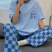 Resim Harf Baskılı Kadın Pijama Ekose Pantolon Bahar ve Yaz Modelleri Cepli Kısa Kollu Uzun Pantolon Bayan Ev Giysileri Rahat Dışarıda Giyilebilir İki Parçalı Takım 