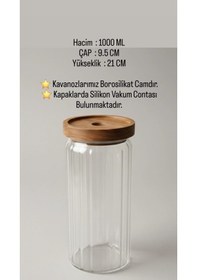 Resim 1000 Ml Akasya Kapaklı Cam Yuvarlak Kavanoz Yuvarlak Baharat & Erzak Saklama Kabı Açık Kahverengi - Şeffaf 