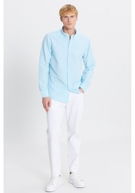 Resim Erkek Turkuaz Tailored Slim Fit Dar Kesim Düğmeli Yaka Gofre Desenli Gömlek Turkuaz 