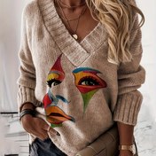 Resim Kadınlar için Günlük V-Yaka Renk Bloklu Baskılı Bol Kesim Kazak - Orta Esnek Sonbahar Kış Modası Üst, Bayanlar İçin Kışlık Kazaklar, Her Gün Moda, Renk Blok Tasarım, Dokulu Örgü Giyim 