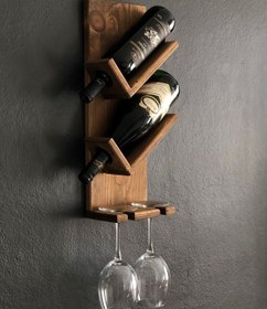 Resim Ahşap Şaraplık, 2 Şişe 2 Kadeh Bölmeli Şaraplık, Koyu Meşe 