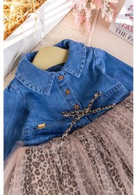 Resim Babymod Denim Leopar Desenli Şık Özel Gün Kız Bebek Elbise Bej 