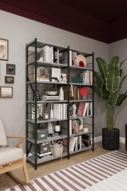 Resim ASRA TREND Kül Gri METALK02 6 Raflı İkili Metal Kitaplık 110 cm Genişlik Endüstriyel Modern Kütüphane%100 MDFLAM Raf Ünitesi 