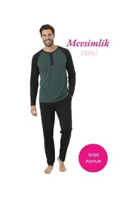 Resim Erkek Siyah 3 Düğmeli %100 Pamuk Mevsimlik Uzun Kol Cepli Pijama Takımı Yeşil 