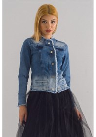 Resim Bold & Young Kadın Yağ Yeşili Power Strech Çıt Çıtlı Slim Fit Denim Ceket mavi 