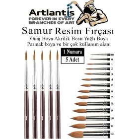 Resim Artlantis Resim Fırçası 1 Numara 5 Li 1 Paket Samur Yuvarlak Uçlu Fırça Seti Guaj Sulu Akrilik Yağlı Boya Fırçaları 