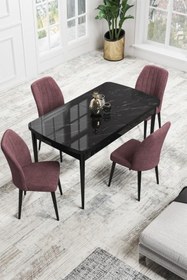 Resim Canisa Concept Rio Serisi 80x132 Açılabilir MDF Mutfak Masası Takımı Siyah Mermer Desen Masa 4 Gül Kurusu Sandalye 