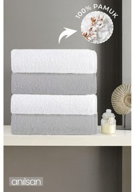 Resim 4'lü Gri-beyaz El Havlusu - 50x90 Cm, 225 Gr, %100 Pamuk, Spa Ve Otel Havlusu Gri - Beyaz 