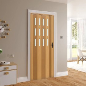 Resim Faran Dekorasyon 87 x 230 Meşe Renk Camlı Pvc Akordiyon Katlanır Kapı - Frnakmodel-134 