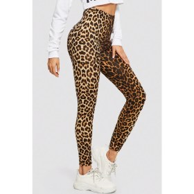 Resim Kadın Leopar Desenli Yüksek Bel Dar Kesim Esnek Tayt – Modern ve Şık Tasarım 