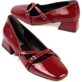 Resim Shoetek Elvinya Kadın Stiletto Kalın Topuklu Çapraz Bantlı Tokalı Küt Burunlu Ayakkabı Bordo Rugan Bordo 