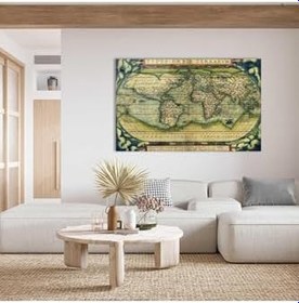 Resim Camdan Tablo (1341) Eski Dünya Haritası 4mm Dayanıklı Cam Tablo Temperli Cam, World Map Görsel 130 x 85 