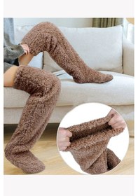 Resim Sh Mağazacılık Kahve Sock Peluş Uyku Çorabı Welsoft Diz Üstü Oda Çorabı Ayak Isıtıcı Uzun Gonç Çorap Kahverengi 