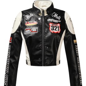 Resim Vintage Kadın Motosikletcileri Ceketi - Nakışlı Renk Bloklu Kaban, İlkbahar, Sonbahar ve Kış İçin 