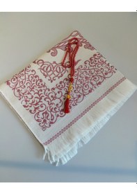 Resim Kişiye Özel Pamuk Dokulu Seccade Ve İnci Tesbih Özel Hediye Seti Bordo 