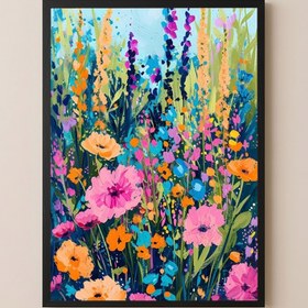 Resim Abstract Flower Field Print - Vibrant Botanical Painterly Wall Art - Wooden Frame - Black / 8,3 x 11,7" (21x30) 