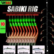 Resim TAKBAS 1 Paket Sabiki Rigs - 10 saç tokası, Balık Derisi Karides Tasarımı ile Luminous Kırmızı ve Yeşil Balık Yemi, Sardinalar, Hamsi ve Daha Fazlası İçin İdeal, Tuzlu Su ve Surf Balıkçılığı Kurulumu, Tuzlu Su Balıkçılığı Ekipmanı | Canlı Balık Yemi | Dayanıklı Balık Kançaları, Balıkçılık Malzemeleri 
