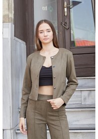 Resim Kadın Esnek Süet Kumaş Sıfır Yaka Flato Cepli Uzun Kol Blazer Ceket-haki Haki 