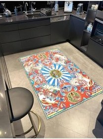 Resim rugs modern Summer Koleksiyonu Turuncu Mavi Temalı Floral ve Şövalye Figürü Desenli Modern Dekoratif Halı 3876, 75 x 240 