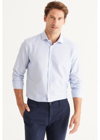 Resim AC&Co / Altınyıldız Classics Erkek Beyaz Lacı Slim Fit Dar Kesim Küçük İtalyan Yaka %100 Pamuk Armürlü Gömlek Beyaz Lacı Beyaz - Lacivert 