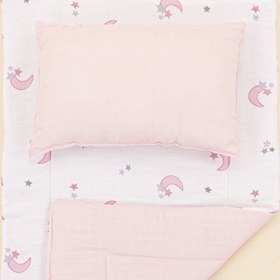 Resim Alt Açma Matı ve Yastık - Çift Taraflı - Bebe Pembe Muslin - Pembe Ay 