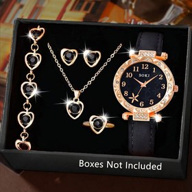 Resim 1 adet 5 adet Kalp Taşlı Bileklik Kolye Küpe Seti ile Rahat PU Kayış Alaşım Kasa Kuvars Hareketi, Anneler Günü Sevgililer Günü Doğum Günü Hediyesi için İlk Seçenek 