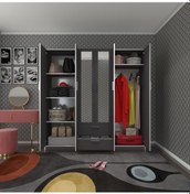 Resim Kenzlife gardırop 6 kapılı çekmeceli begonvil180 gri aynalı kapaklı gardolap dolap 