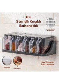 Resim Porsima 1182 Standlı Kaşıklı Kapaklı Baharatlık Seti 6'Lı Antrasit 