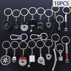 Resim 10 adet Otomotiv Modifikasyon Anahtarlık Seti, Şanzıman Kolları, Turbo, Tekerlek Hubları, Kasklar, Fren Pedleri, Rotorlar, Silecekler, Pistonlar, Şok Emiciler, Kemer Anahtarlıkları, Çinko Alaşımlı Anahtarlıklar, Erkek Anahtarlıkları, Erkekler İçin Pratik Küçük Hediyeler 