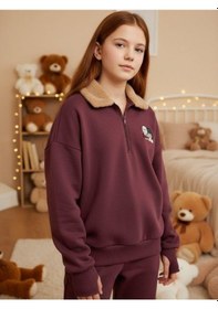 Resim Kız Çocuk Yakası Tüylü Fermuarlı Parmak Geçirme Detaylı Tasarım Sweatshirt-16489 MÜRDÜM 