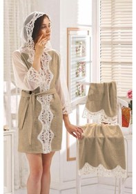 Resim Venüs Kapuçino Bayan Fransız Dantelli Balayı Çeyizlik Bornoz Seti Kahverengi 