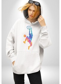 Resim Smaç Basketbol Renkli Kadın Erkek Beyaz Kapüşonlu Sweatshirt Hoodie Beyaz 
