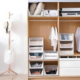 Resim 3 Adet Kayar Raf Elbise Dolap Içi Organizeri, Mutfak, Banyo, Çocuk Odası, Garaj ve Ardiye Için Üst Üste Dizilebilir Ünite, Kayar Raf Dolap Içi Kıyafet, Ev Aksesuarı Düzenleyici (Beyaz) 