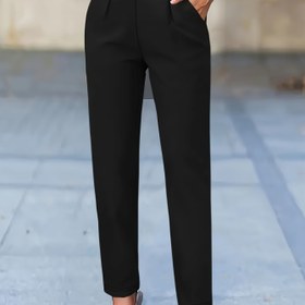 Resim Kadınların Şık Siyah Dar Kesim Düz Bacak Pantolonları Cep ile - Tüm Mevsimler için Rahat Polyester Pantolonlar, Günlük Pantolonlar | Şık Siyah Pantolon 