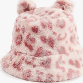 Resim Kız Çocuk Leopar Desenli Kulak Aplikeli Peluş Bucket Şapka 