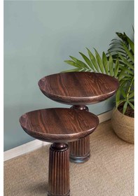 Resim Doğal Masif Ahşap Yan Sehpa Seti 2 Li Ceviz Renk Zigon Ve Fiskos Kahverengi 