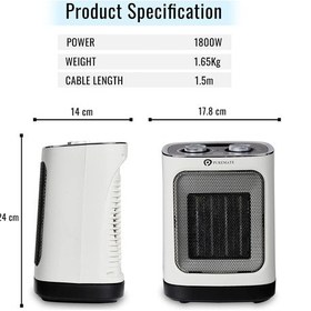 Resim Puremate Seramik Fanlı Isıtıcı, 2 Isıtma Ayarlı 1800w Taşınabilir Elektrikli Isıtıcı 