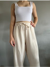 Resim Kadın Taş Keten Karışımlı Bol Kesim Pantolon-taş Taş 