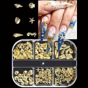 Resim Deniz İlhamlı Tırnak Sanatı Süsleri - Altın Deniz Kabuğu, Denizyıldızı & Denizatı Tasarımlı 6 Bölmeli Kutu DIY Manikür Dekorasyonları İçin 