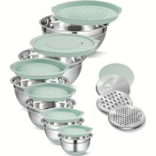 Resim 15 Parça (6 Karıştırma Kabı + 6 Kapak + 3 Rende) Paslanmaz Çelik Kaydırmaz Silikon Tabanlı Mutfak Seti, Nane Yeşili, 3 Renli Saklama Kasesi, Salata Kasesi ve Kaydırmaz Tabanlı Saklama Kabı Seti 