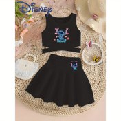 Resim Disney Resmi Lisanslı Kızlar için Yazlık Stitch Baskılı Yaka Arkası Yelek & Etek 2'li Set, Şık Çapraz Askı Tasarımı, Açık Bej - Nefes Alabilen Kumaş, Günlük Spor Tarzı, Çok Yönlü Kıyafetler, Kızlar İçin İdeal Hediye Seçeneği 