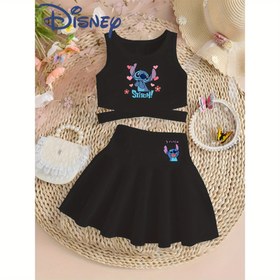 Resim Disney Resmi Lisanslı Kızlar için Yazlık Stitch Baskılı Yaka Arkası Yelek & Etek 2'li Set, Şık Çapraz Askı Tasarımı, Açık Bej - Nefes Alabilen Kumaş, Günlük Spor Tarzı, Çok Yönlü Kıyafetler, Kızlar İçin İdeal Hediye Seçeneği 