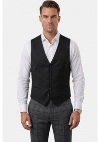 Resim Deepsea Erkek Antrasit Slim Fit Ekose 3 Lü Takım Elbise Siyah Yelekli Kare Desenli Takım 2601589 