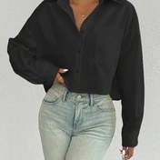 Resim Kadınların Şık Siyah Kısa Kollu Gömlekleri - Polyester, Tüm Mevsimler, Rahat Tarz, Rahat Giyim|Minimalist Tarz|Dokuma Kumaş 