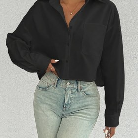 Resim Kadınların Şık Siyah Kısa Kollu Gömlekleri - Polyester, Tüm Mevsimler, Rahat Tarz, Rahat Giyim|Minimalist Tarz|Dokuma Kumaş 