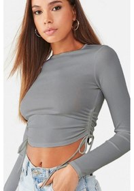 Resim Defymoda Kadın Uzun Kollu Yanlar Büzgü Detay Kaşkorse Crop Gri 
