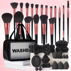 Resim 39 parça güzellik aracı seti, 18 siyah gül altın makyaj fırçası + 4 büyük ve 4 küçük güzellik yumurtası + 4 üçgen pudra pufu + 4 kalp şeklinde parmak pudra pufu + 1 yıkama kabı + 1 çift başlı masaj rulosu + 1 saç tokası + 2 bileklik + orta boy harf yıkama çantası içerir 