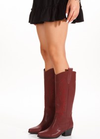 Resim ÜNAL ÖZER Kadın Bordo Cilt Western Nakışlı Sivri Burunlu Günlük Çizme Un001-0218 Bej Süet 